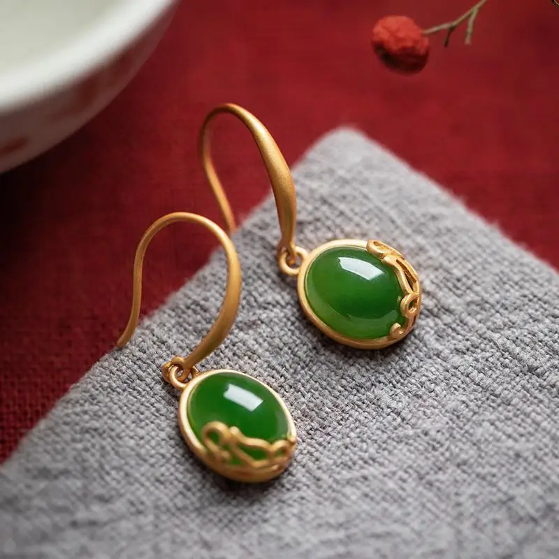 

Biyishuangfei Pure Silver Ancient Gold Inlaid Hetian Jade Earrings for Women Retro Elegant Stud Earrings Drop Earrings Jewelry f