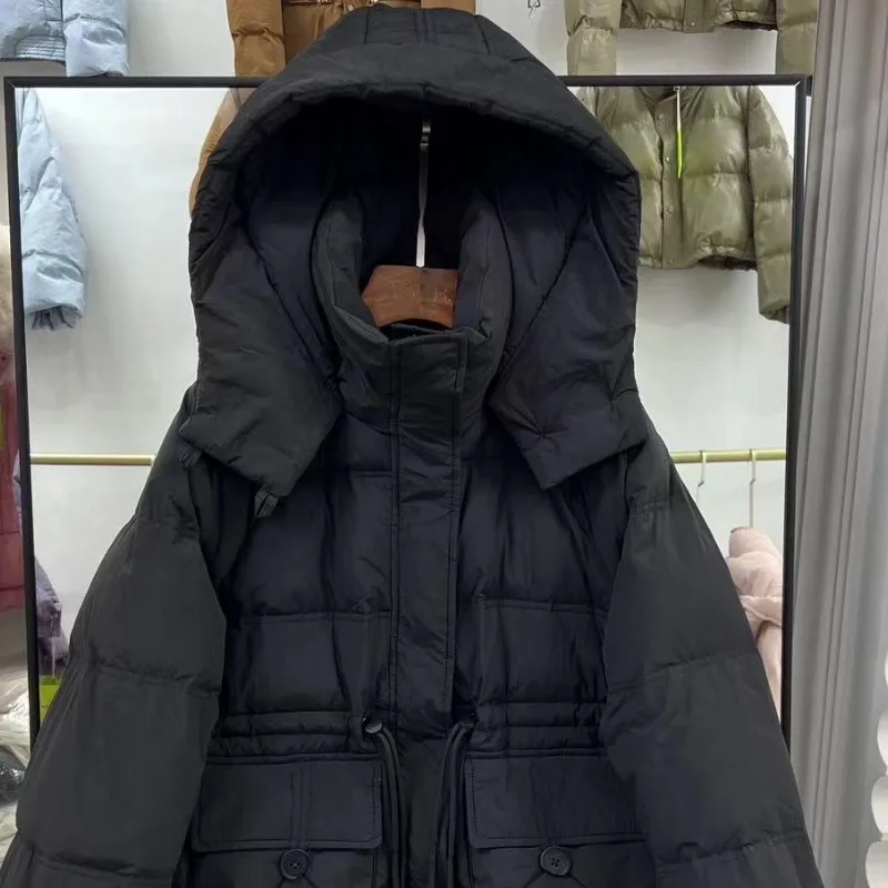Chaqueta corta con capucha y cordón grueso para mujer, abrigo de plumón de pato blanco con bolsillos y cremallera, chaqueta a prueba de viento, ropa de invierno, chaqueta cálida