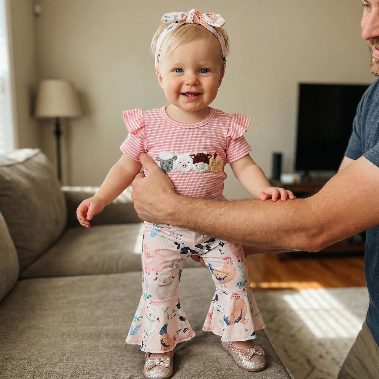 Baby Girl Summer Outfit Animal Embroidered Striped Crew Neck Short Sleeve Romper Print Flared Pants and Headband 3 Pcs Set