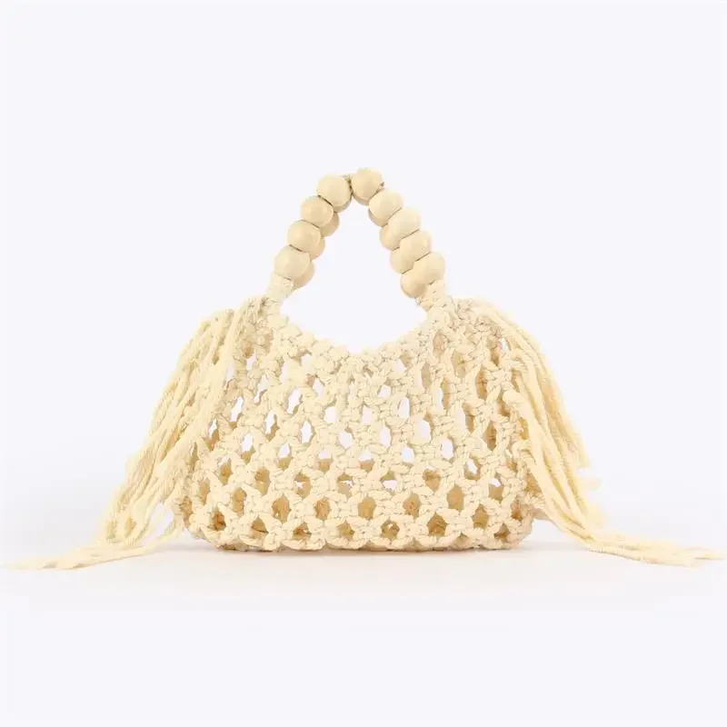 Boho Häkel-Handtasche mit Aushöhlungen und Quasten, Holzperlen-Griff, Gewebte Strandtasche, Sommer-Urlaub Strohtasche, Damen Casual Schultertasche – Detail 19
