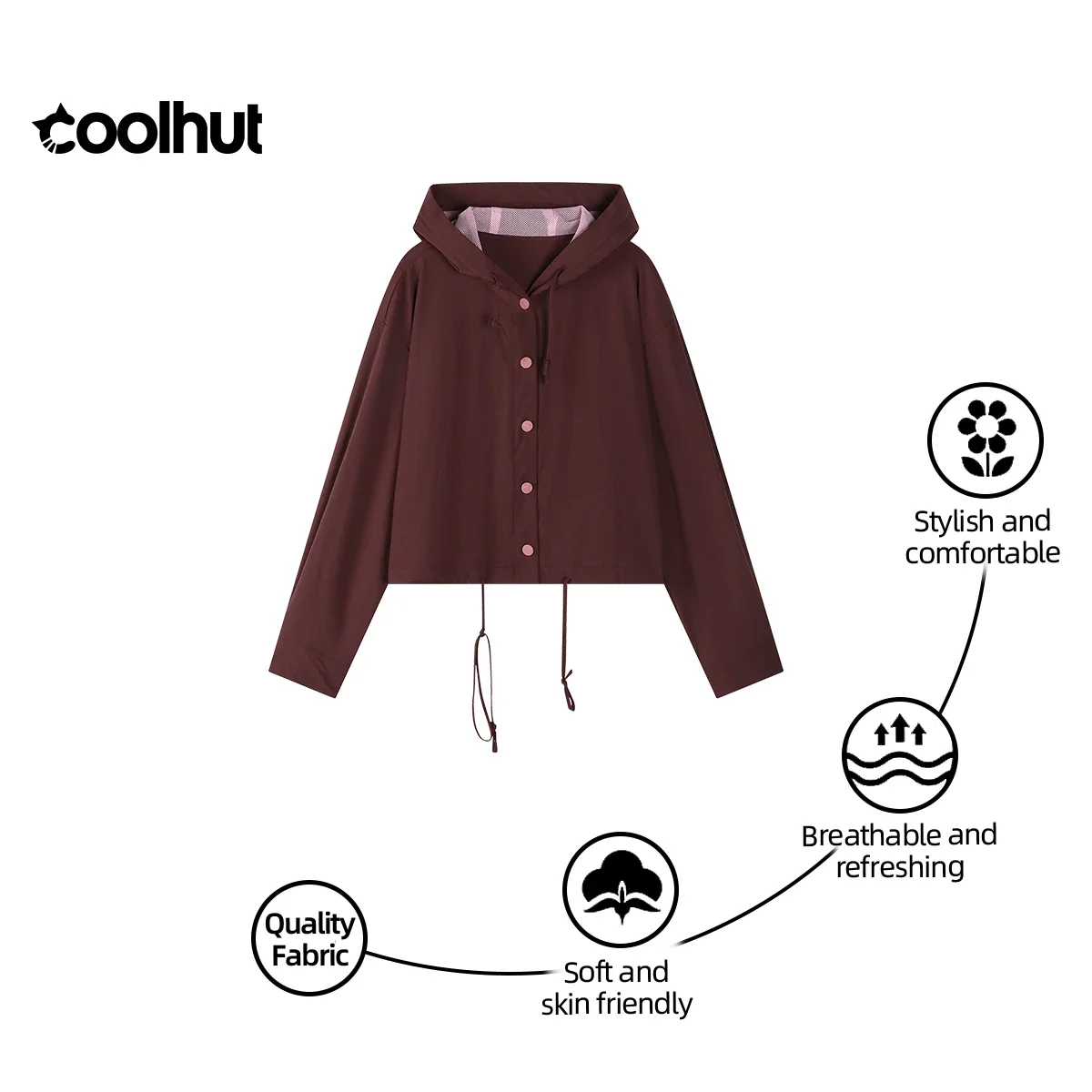 

COOLHUT женская уличная куртка с капюшоном и половиной рукава 2025, легкая, свободная, с завязками, летняя, повседневная, минималистичная, модная