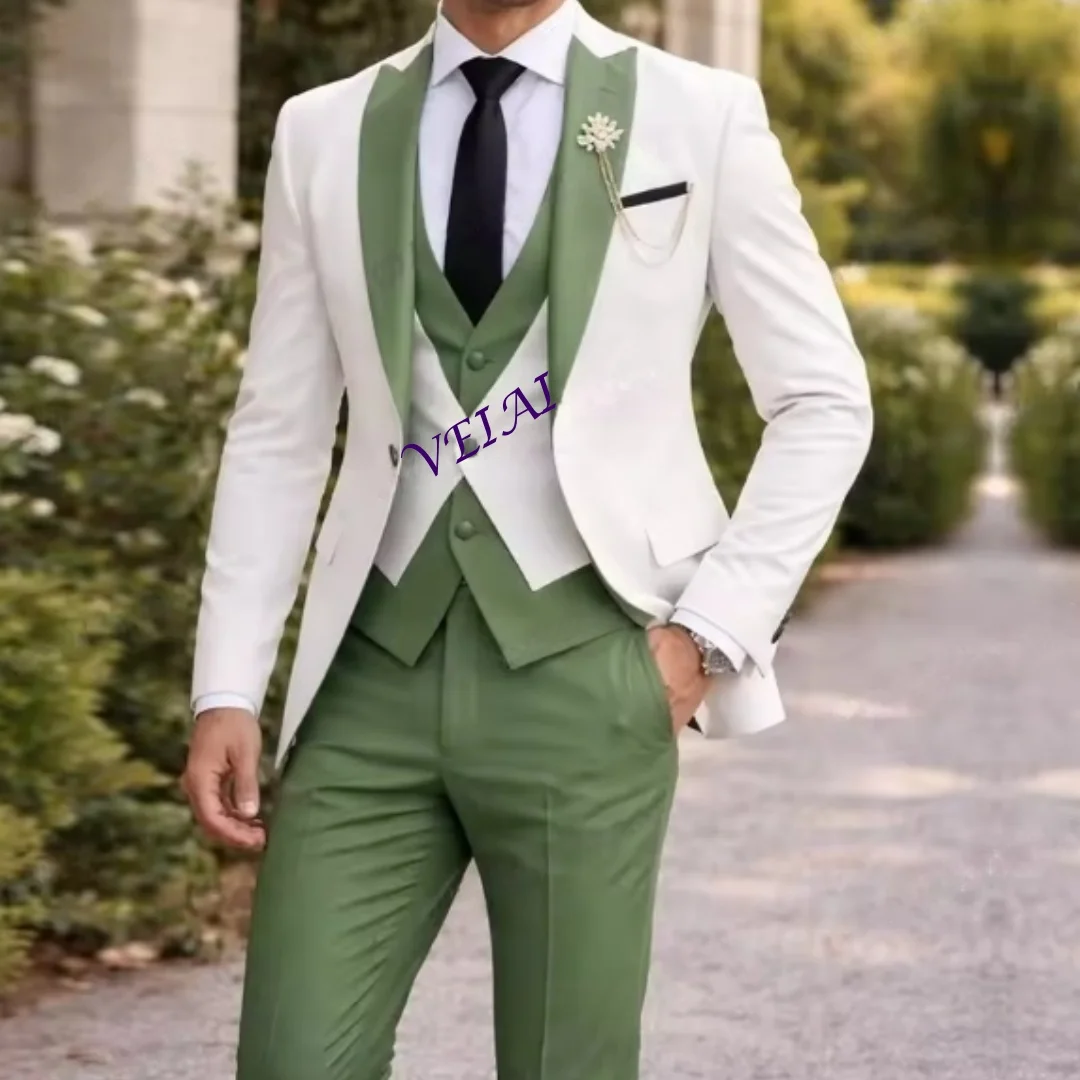 

CustomizedNew White And Mint Green Formal Men Suit Groom Groomsman Wedding Party Prom Business Male Tuxedos 3 Piece Set Blazer V