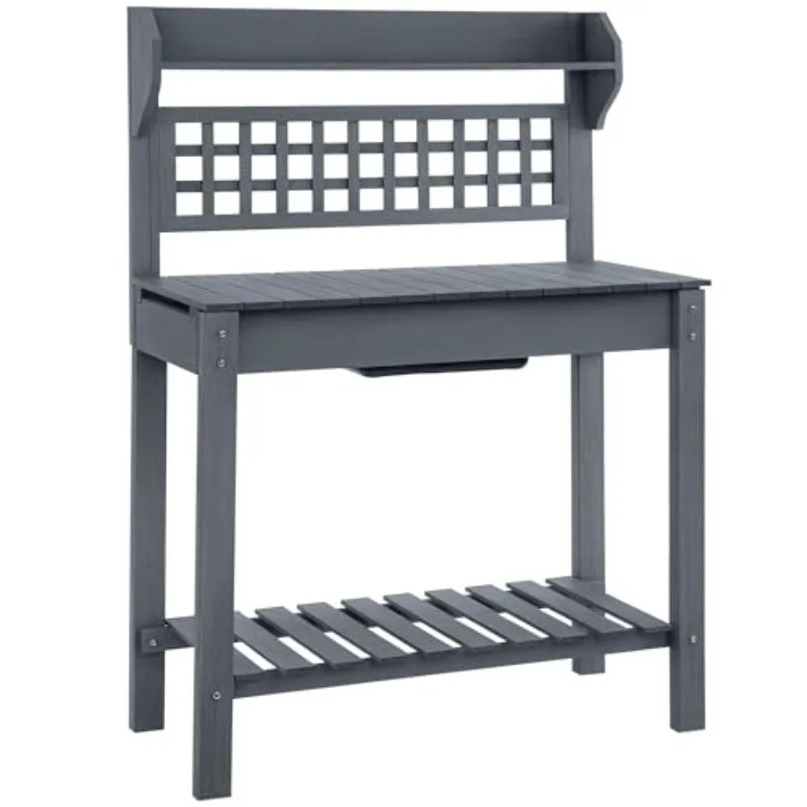 Outdoor Potting Bench Table with Sliding Tabletop, Gray Wood Garden Greenhouse Patio Workstation with Storage Shelf and Dry Sin