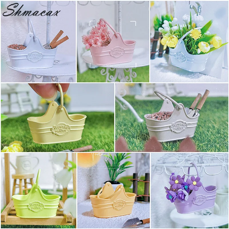 1:12 Dollhouse Metal Flower Bucket Basket Shopping Basket Fairy Garden Decoration Micro Landscape Scene Construction Props