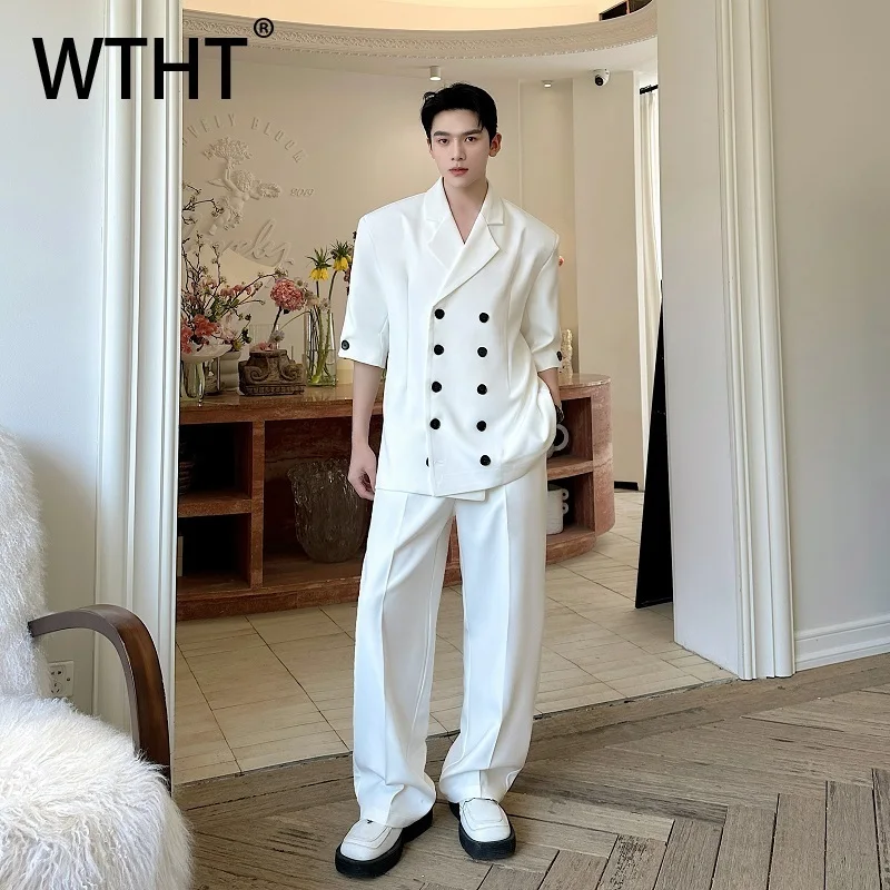 

WTHT Fashion Men's Suit Solid Color Double-breasted Lapel Blazer Coats High-wiasted Straight Oants Set Male 2025 Summer 2A1155