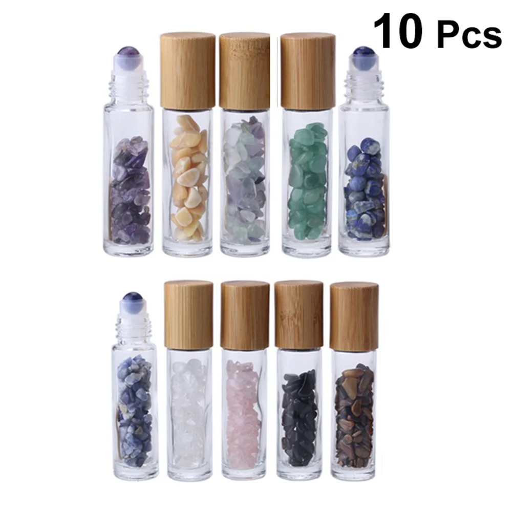 

10Pcs Essential Oil Roller Bottles 10ml Crystal Glass Leakproof Roll-on Bottles Travel Portable Gemstone Chip for Oils
