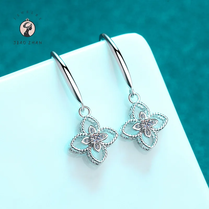 

JIAOZHAN Stylish Girl Four-Leaf Moissanite Earrings 925 Sterling Silver Hooks Earrings Light Luxury Jewelry Gift