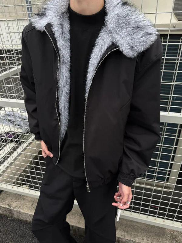 

Retro Thiened Stand Collar Quilted Jaet Men's Cotton Coat with Fur Collar Inteated Fur Casual Youth ular Sle