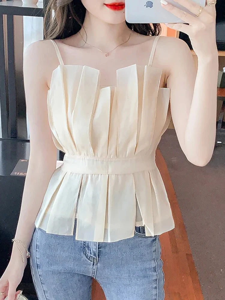 Women's Solid Color Patchwork Waistband Top Summer Korean Slim Fit Sexy Sleeveless Fashion Irregular Casual Women Chiffon Top