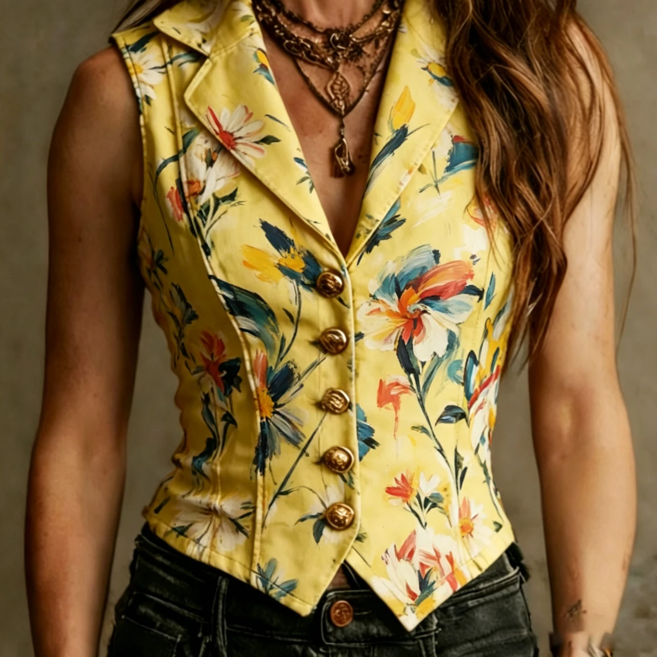 Watercolor Floral Print Sleeveless Vest Jacket Women Lapel Collar Single Breasted Slim Corset Waistcoat Summer Streetwear Top