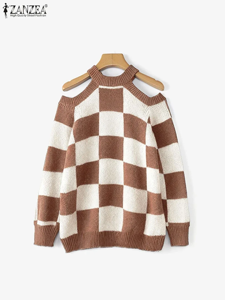 ZANZEA женские сексуальные клетчатые пуловеры с открытыми плечами, свитера, осенний джемпер с длинными рукавами и принтом, трикотаж, зима 2025 г., повседневный вязаный топ
