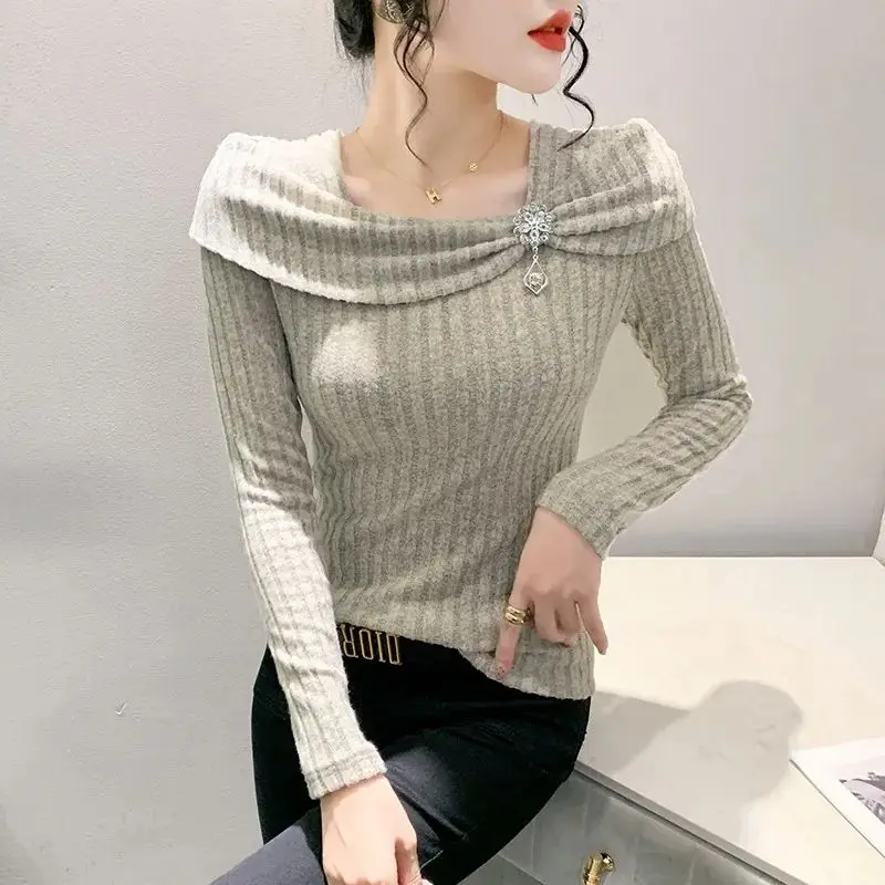 Elegant O-Neck Solid Color Bow Beading Blouses Women\'s Clothing 2023 Autumn Winter Slim All-match Tops Office Lady Shirts