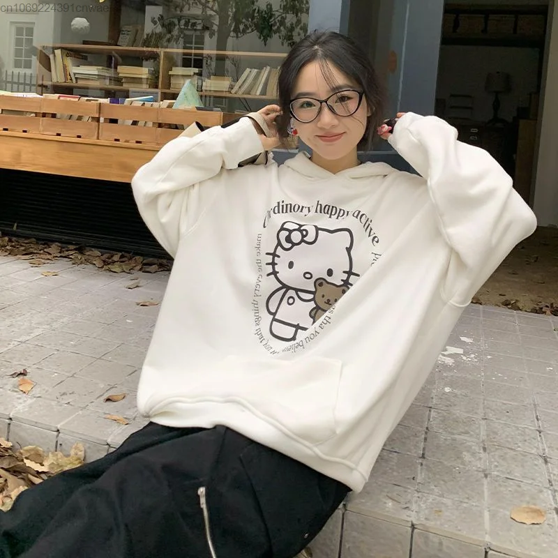 Sanrio Hello Kitty Slouchy Hooded Sweatshirt Women\'s Autumn Winter Grunge Hip Hop Hoodie 90s Vintage Harajuku Streetwear Girls