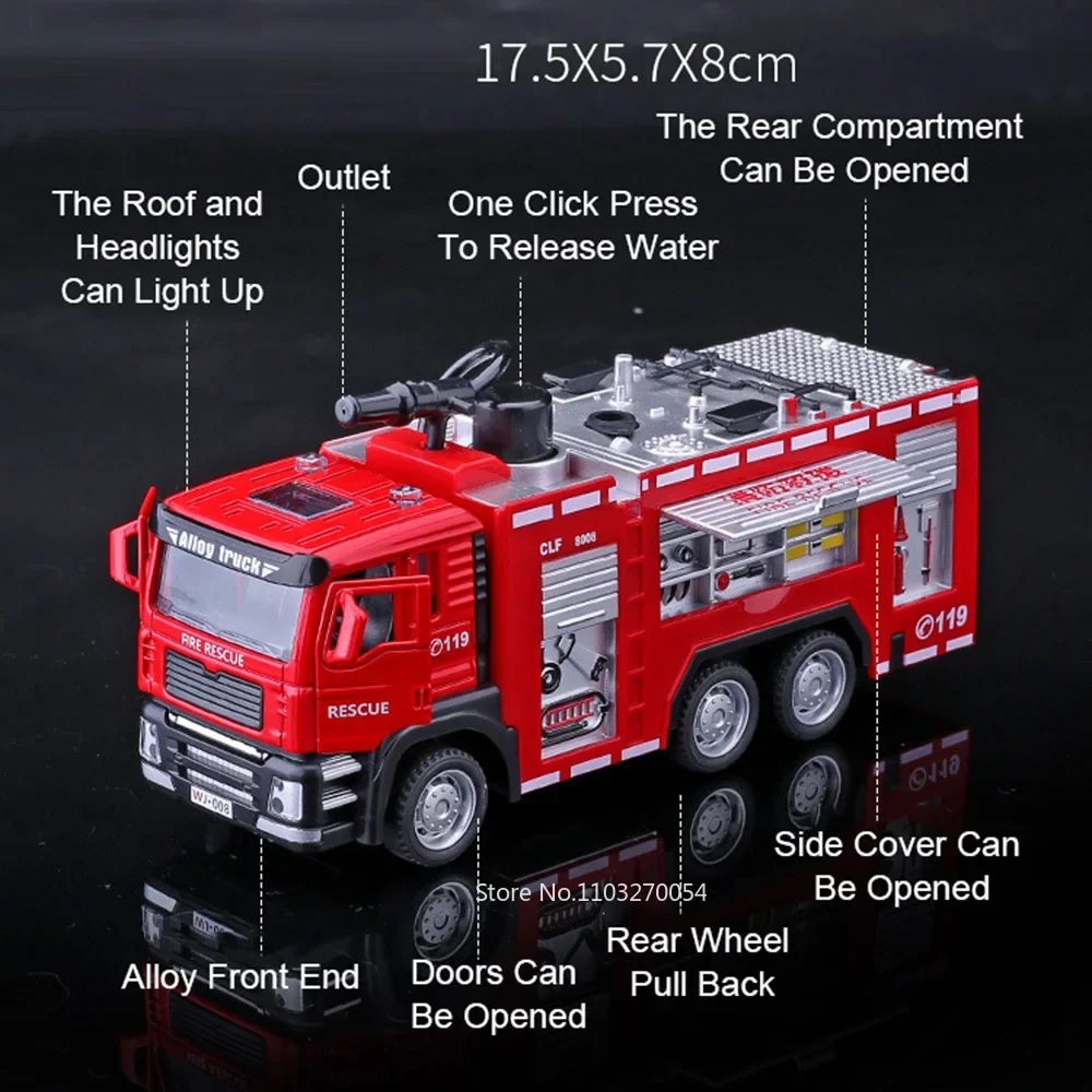 1/32 Ladder Water Fire Truck Model Car Toys Diecast Alloy Engineering Vehicle Doors Opened Sound Light Toy Birthday Gift for Kid