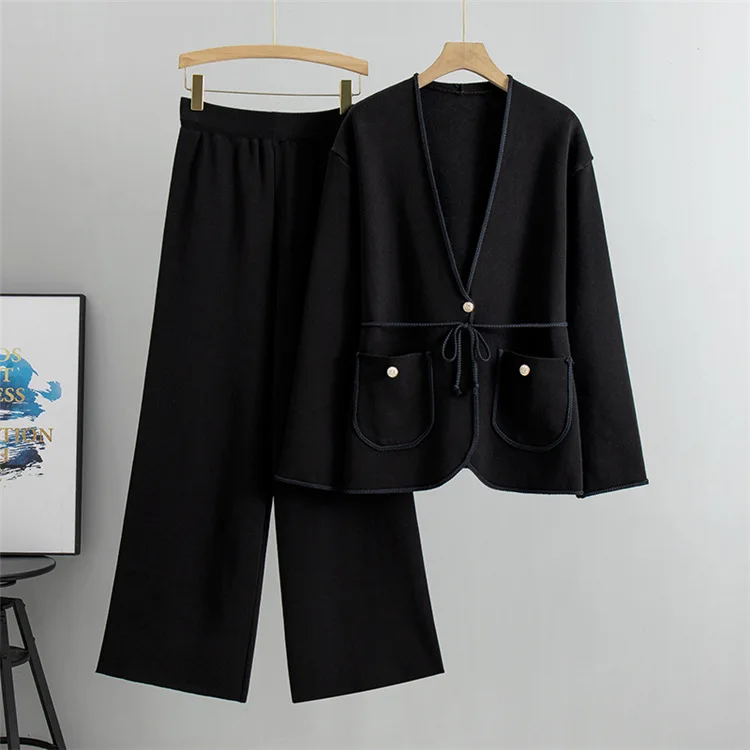 2 Piece Set Women Muslim Knitting Sets Cardigan Lace Up Pockets Buttons Coat Wide Leg Pants Suit Knit Ensembles Modest Outfits