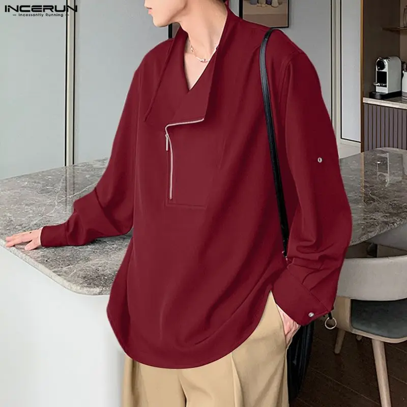 INCERUN Męska Koszula Jednolita Kolorystyka Zamek Błyskawiczny Długi Rękaw Luźny Krój Odzież Męska Streetwear Koreański Styl Moda Casualowe Bluzki Koszule Męskie S-5XL 2025
