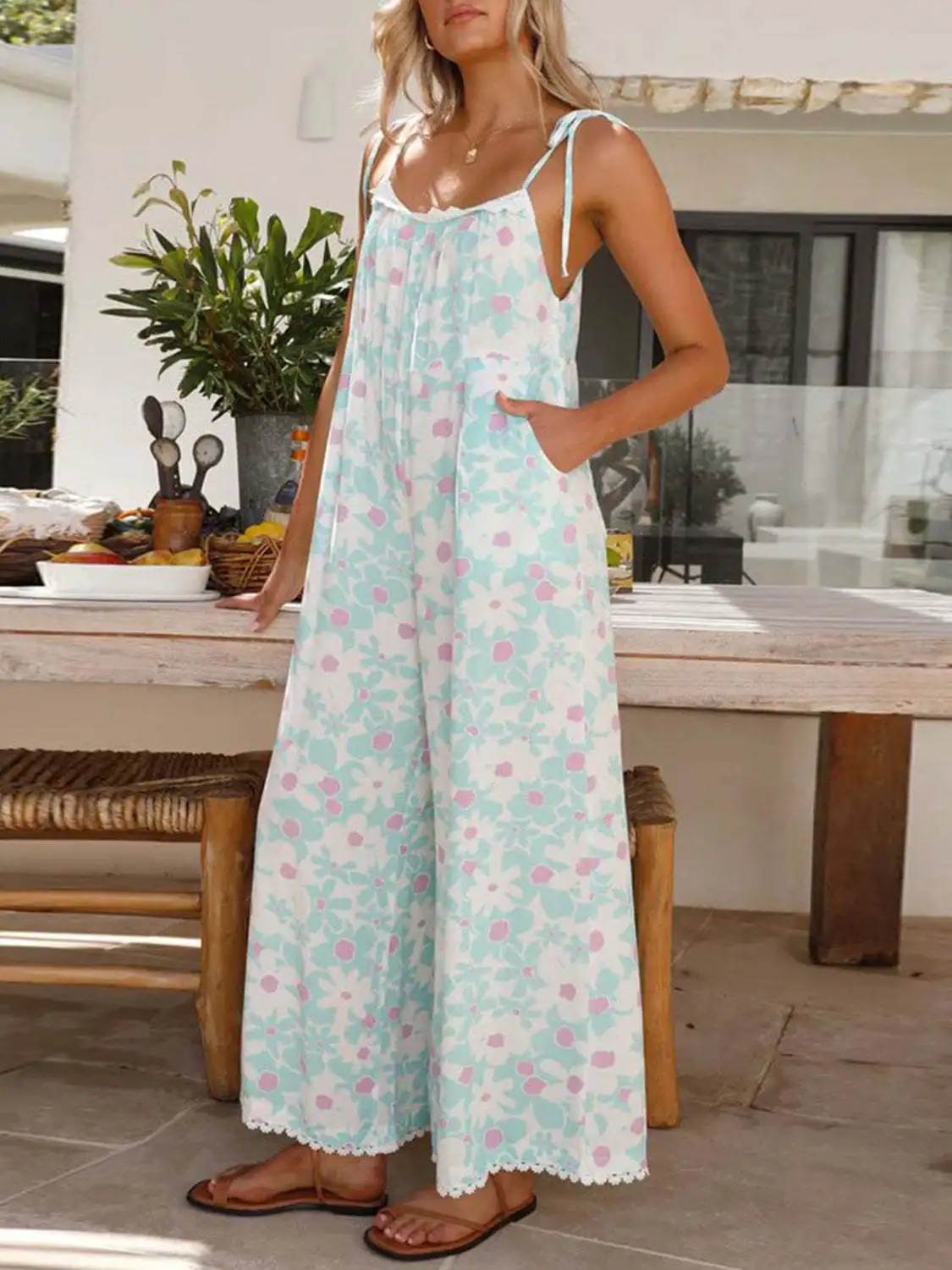 New Fashion Womens Casual Blue Printed Jumpsuit Loose Womens Halter Jumpsuit Summer Style Skin Friendly Hot Sale S M L