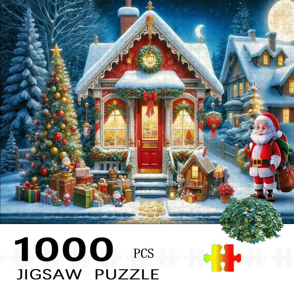 1000pcs Christmas-Themed Jigsaw Puzzle - Large Paper Puzzle for Adults, Festive Santa & Winter Village Scene, DIY Home Decor B