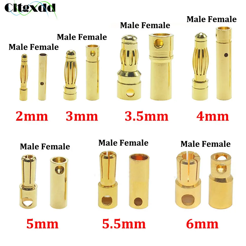 10szt 2mm 3mm 3.5mm 4mm 5mm 5.5mm 6mm Wtyczka bananowa Pozłacana miedź Bezszczotkowe złącze kulowe silnika do akumulatorów ESC Wholeale
