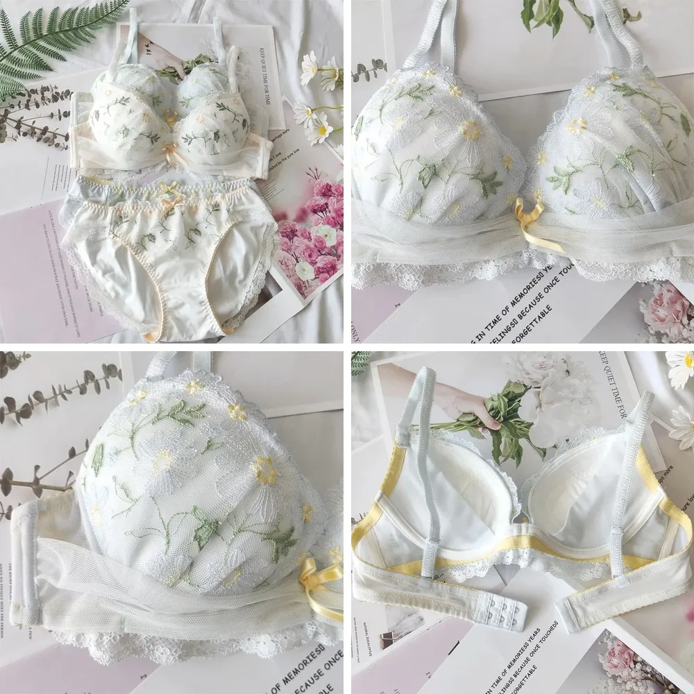 Summer Floral Embroidered Lace Bra Set Women Push Up Low Plunge Underwear Bralette