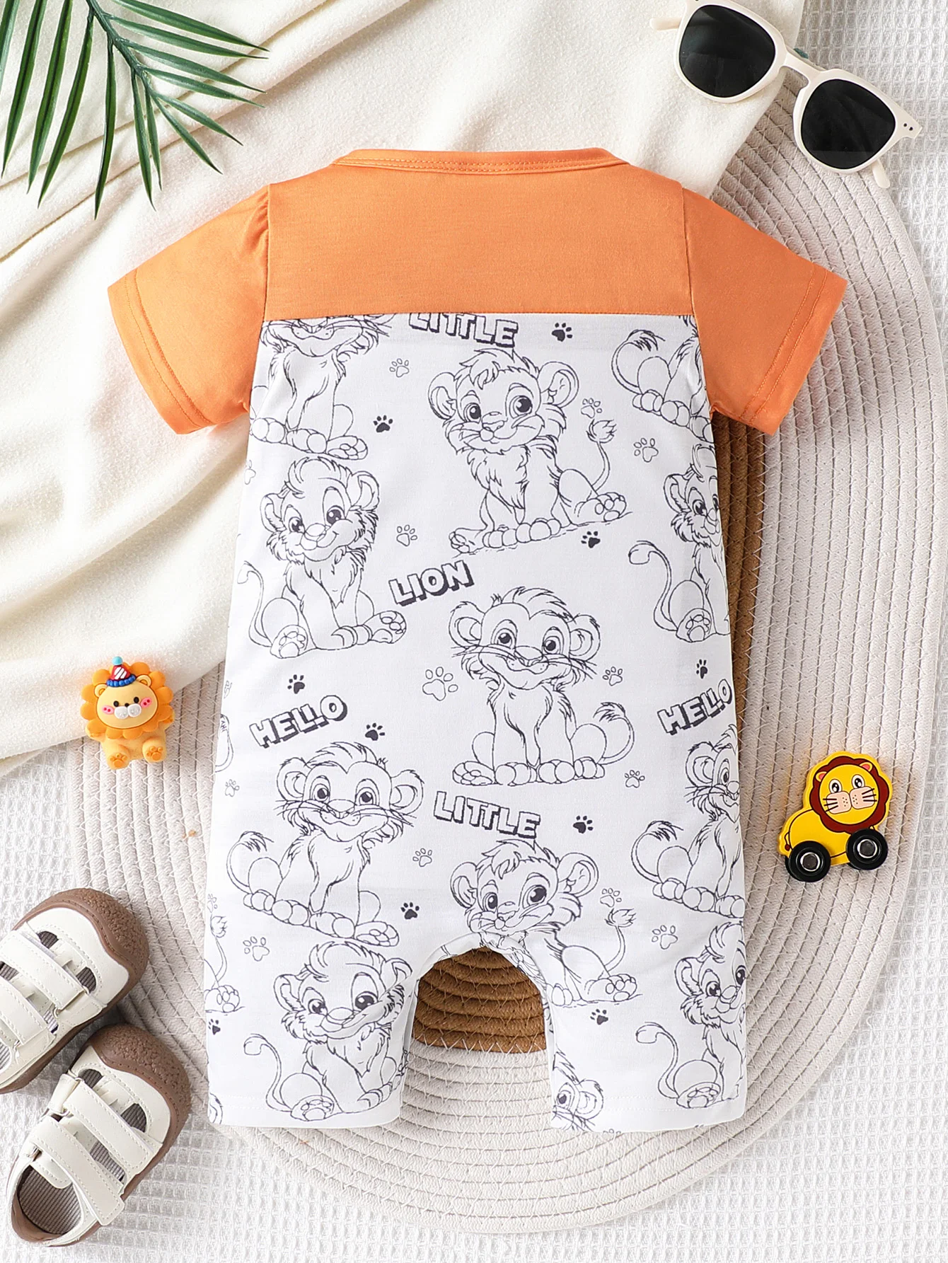 Baby boy casual cute cartoon animal full print splicing round neck short sleeved shorts jumpsuit summer