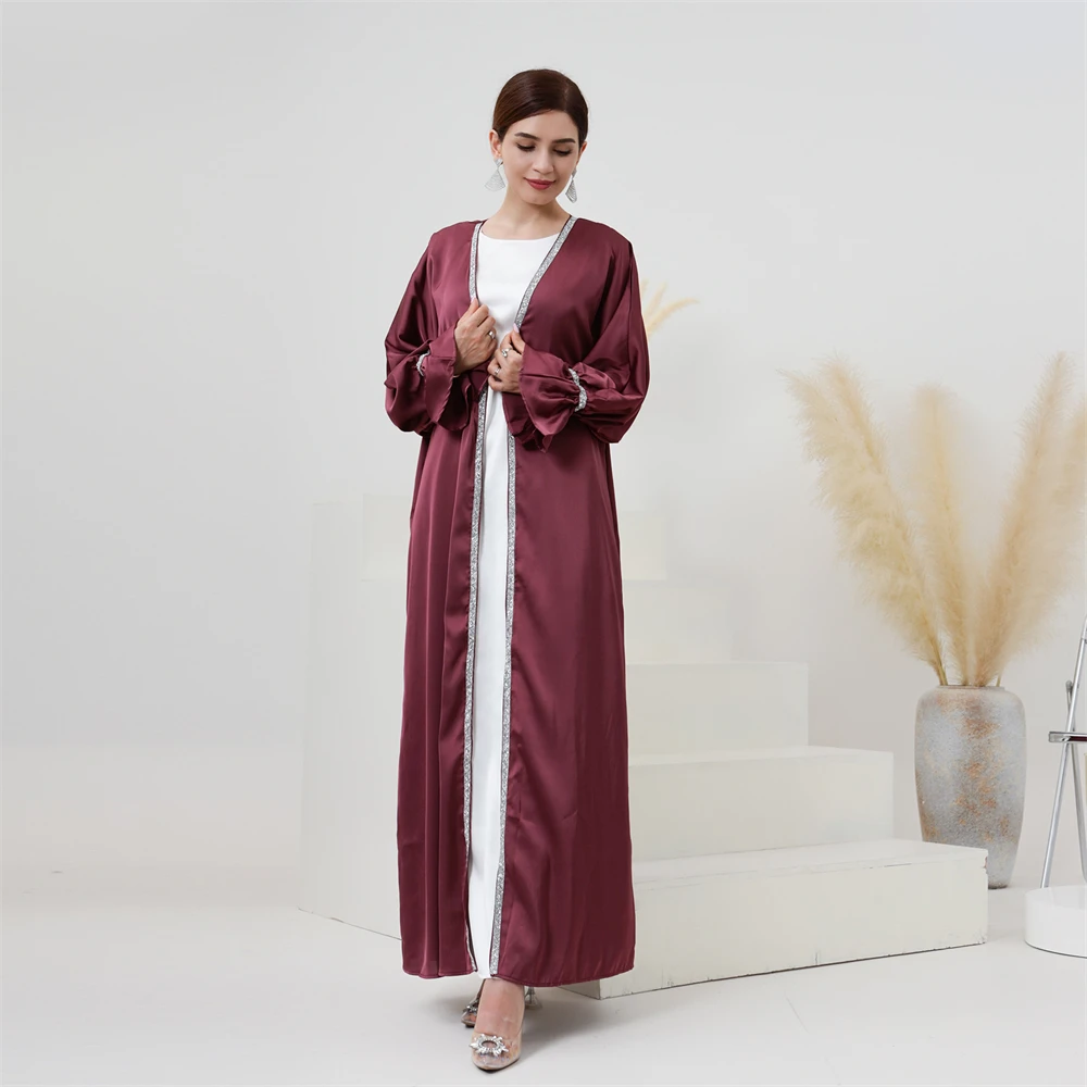 2 Piece Satin Abaya Kimono Matching Muslim Sets Beads Eid Open Abayas for Women Dubai Turkey Inner Dress Islamic Modest Outfits