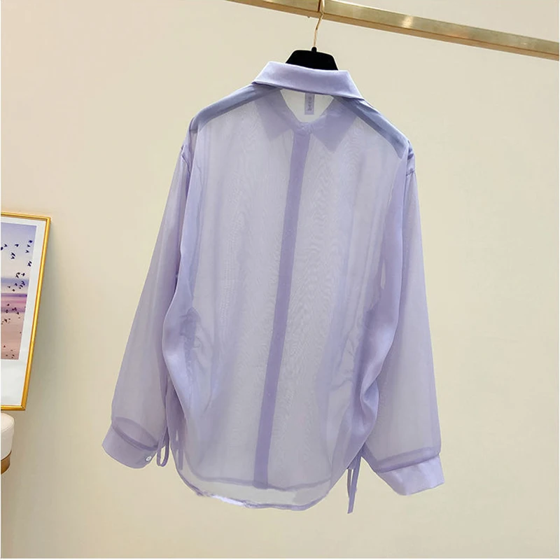 Drawstring Long Sleeve White Sunscreen Shirt Women New Summer Thin Casual Chiffon Blouse Women Tops Fashion Plus Size Shirts X30