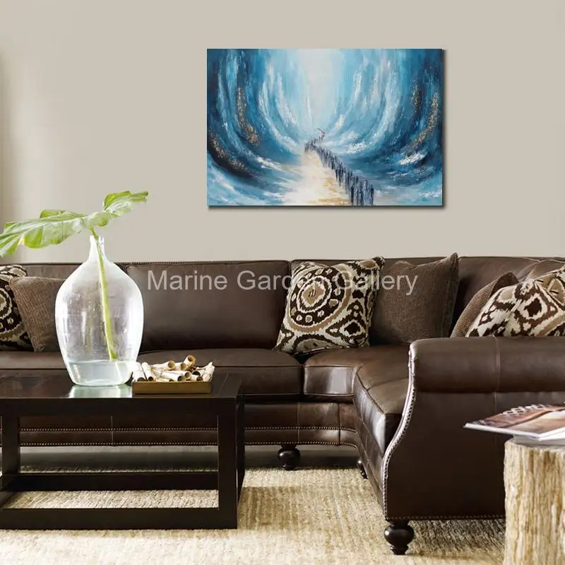 Hand-Painted Judaica Oil Painting Crossing the Red Sea Blue Gold Abstract Jewish Exodus Wall Art Decor for Living Room Synagogue