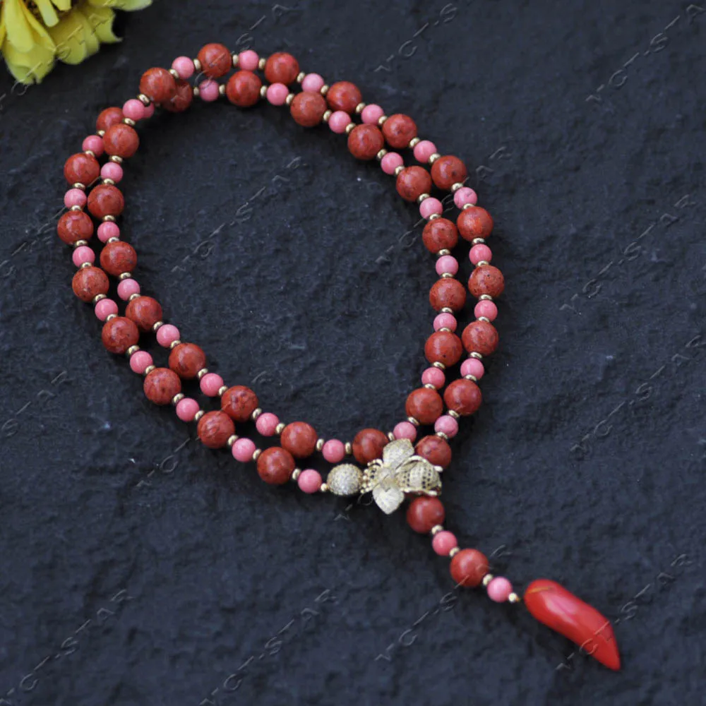 Z14025 31'' 10mm Red Pink Round Coral Necklace Pendant CZ Bee Custom Jewelry