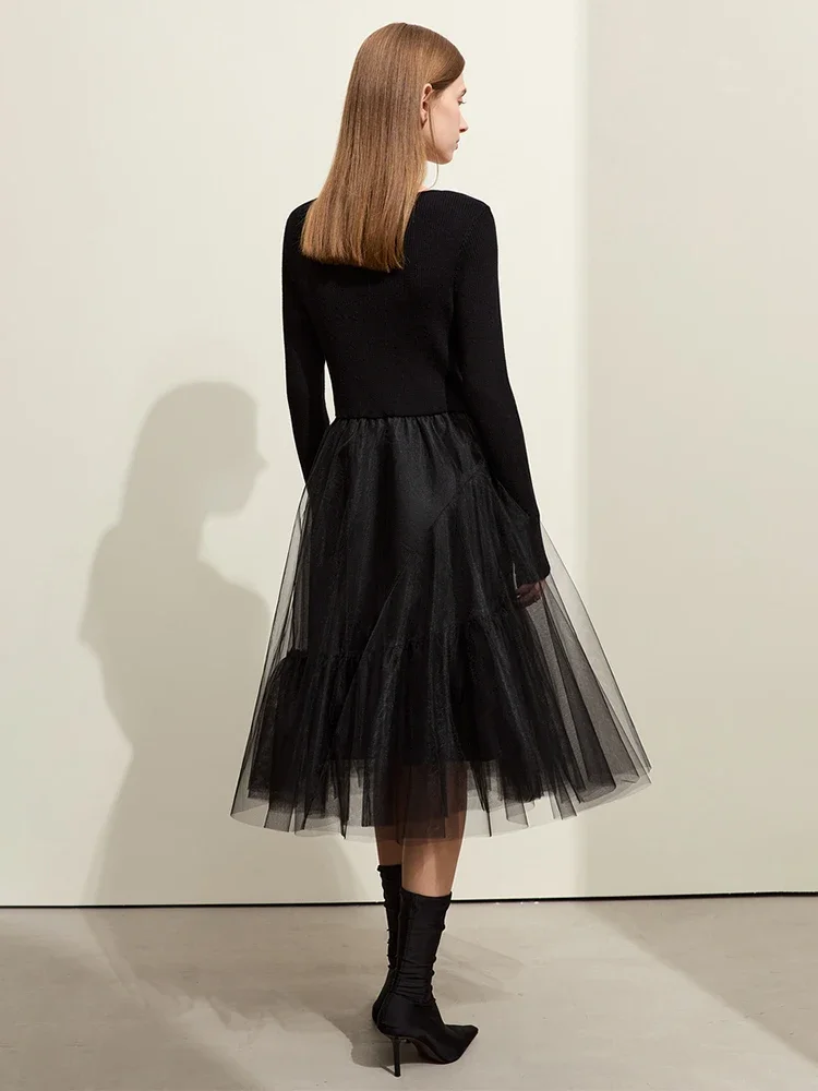 Amii minimalista vestido feminino 2025 primavera novo francês vintage gola quadrada retalhos malha falso duas a linha vestidos femininos 12324040