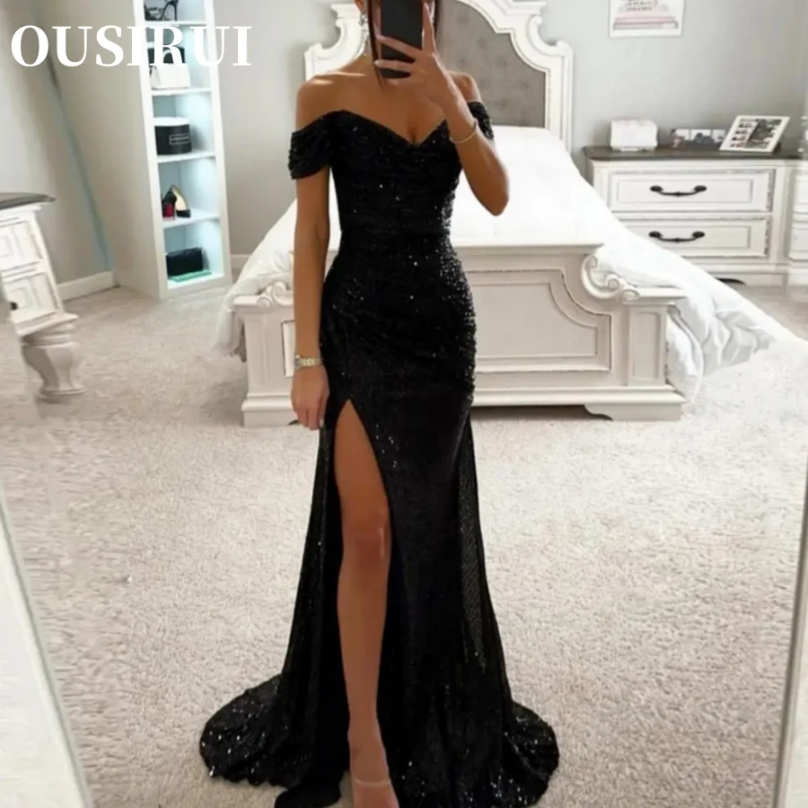 

Elegant Sequined V-neck Off Shoulder Maxi Dress for Evening Party Prom Off-shoulder Gown Dress Solid Color Long Sleeve Dress