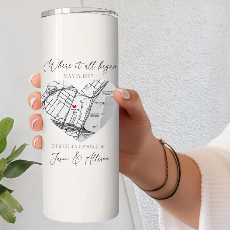 Personalized Anniversary Map Gift Couple Tumbler 40oz 20oz Travel Insulated Cup Custom Logo Text Valentine Gift Set for Lovers