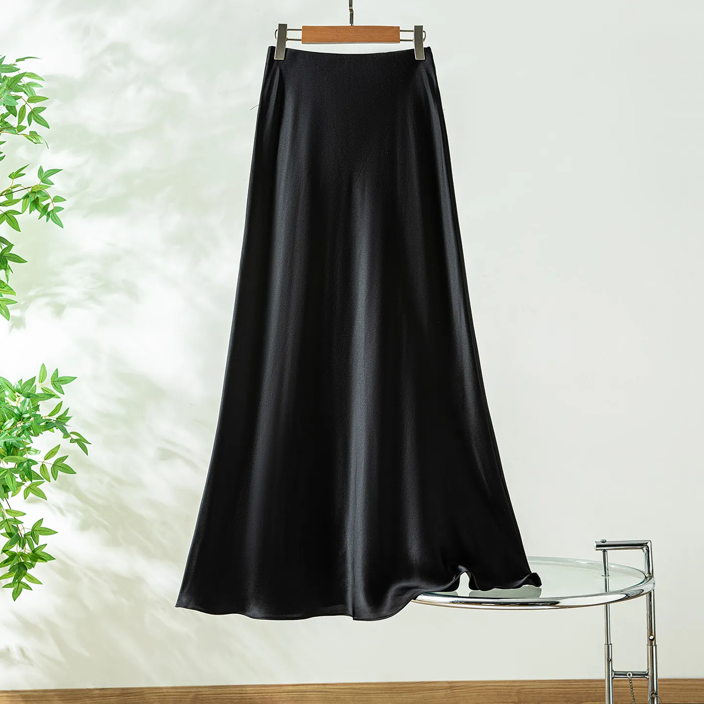 Winsleter-100%Real Silk Satin Plain Elegant Skirts, Elastic High Waist Solid, Women Basic Trumpet Skirts, 2026 Summer B64074CC