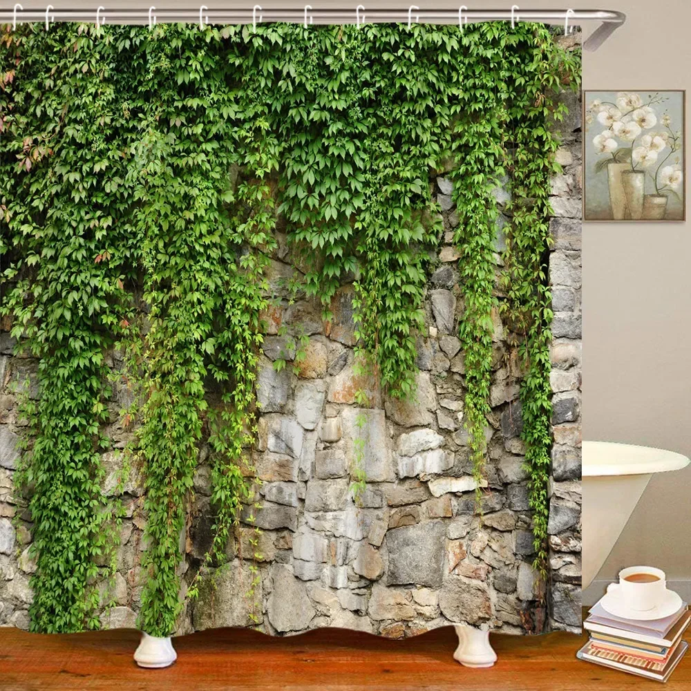 Botanical Brick Wall Shower Curtain Stone Greenery Leaves Vine Farm Rustic Garden Landscape Rock Polyester Fabric Bathroom Decor