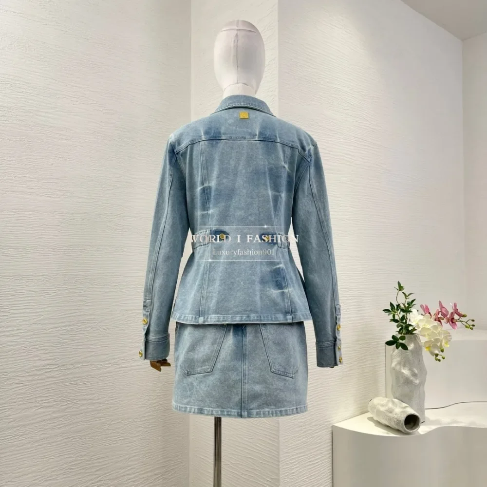 

2025 New Beautiful Blue Long Sleeve Denim Jeans Jacket Tops and Skirt Set