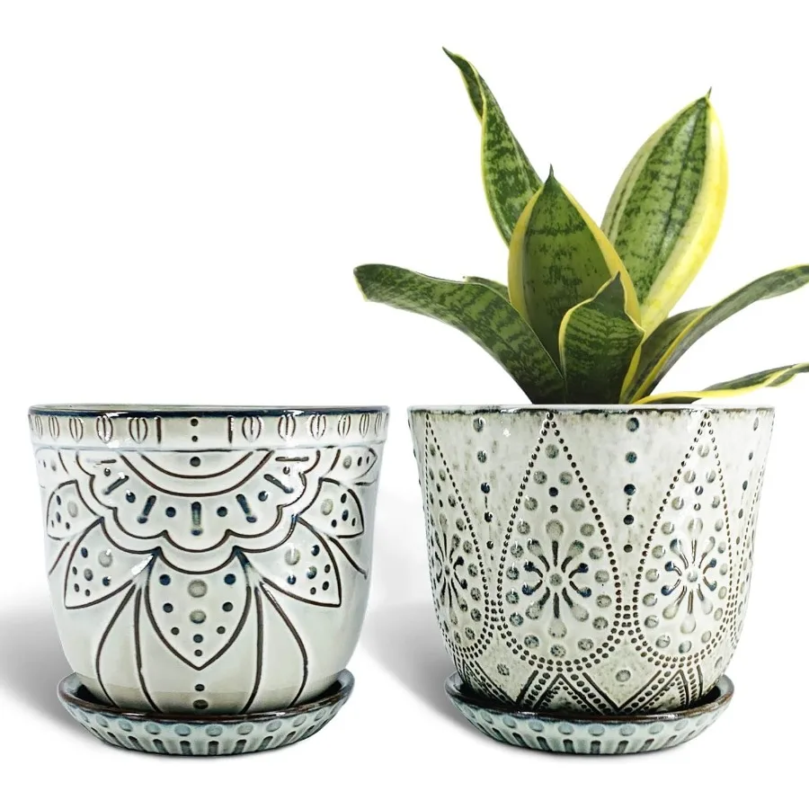 

6 Inch Beaded Ceramic Planter Set of 2 with Drainage Hole and Saucer for Plants IndoorOutdoor Large Round Succulent Orchid Flow