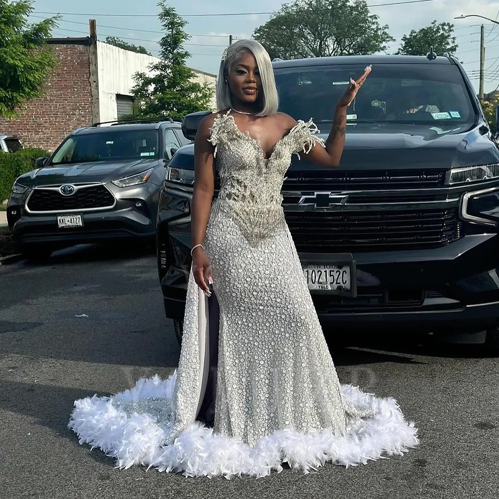 

Luxury Silver Rhinestone Diamond Mermaid Long Prom Dresses For Black Girls 2025 Feather Sleeveless Evening Gown Customized