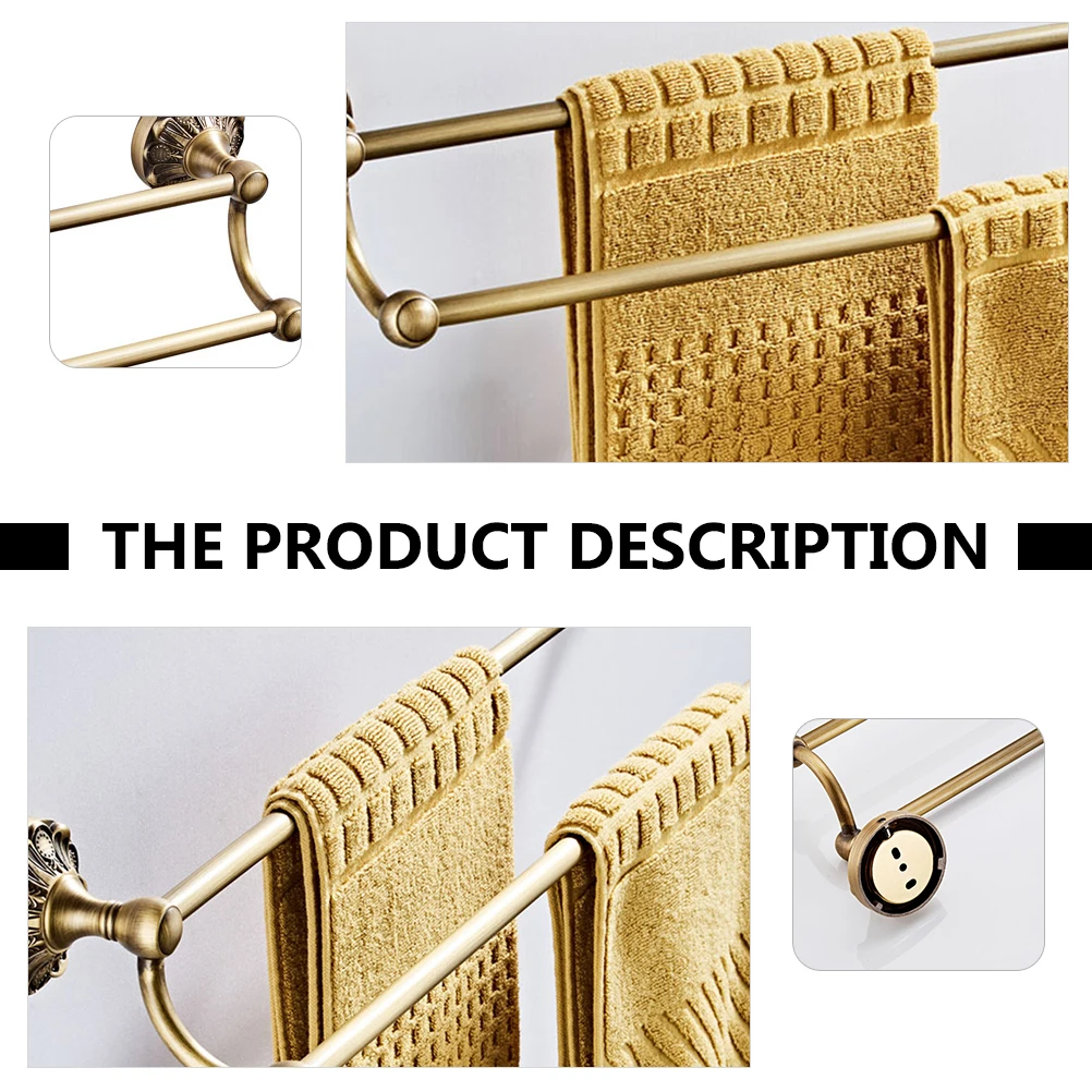 

1 pc Brass Embossed Towel Bar Wall Mounted Bathroom Storage Rack Double Rod Hand Towel Holder Household Bathrobe Hook