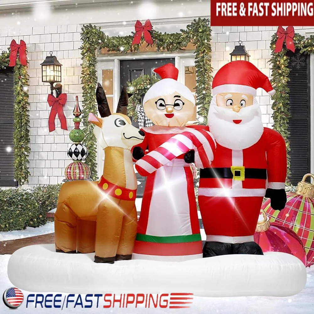 7ft Inflatable Santa Claus Mrs Claus Reindeer LED Lights Outdoor Christmas Decoration Holiday Yard Ornament Easy Setup Weather