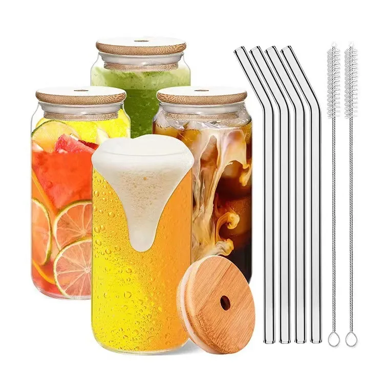 12/16/20oz Glass Cups With Straws and Lids Beer Jar Drinking Glass Can Iced Coffee Tumbler Water Cup Milk Tea Mugs Drinkware