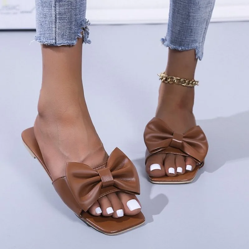 Sandals Fashion Summer One-line Solid Color Bow Flat  Outdoor Beach Slippers Elegant Women Shoes 2024 Zapato De Tacón