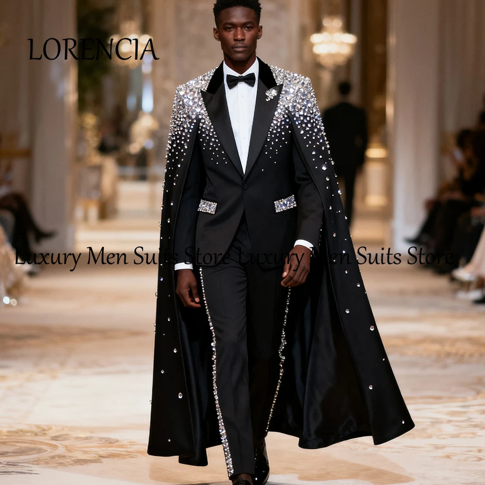 

Sparkling Crystal Men Suits 2 Pcs Luxury Diamond Tuxedos with Cloak Wedding Party Outfit Customized Blazer Pants costumes homme