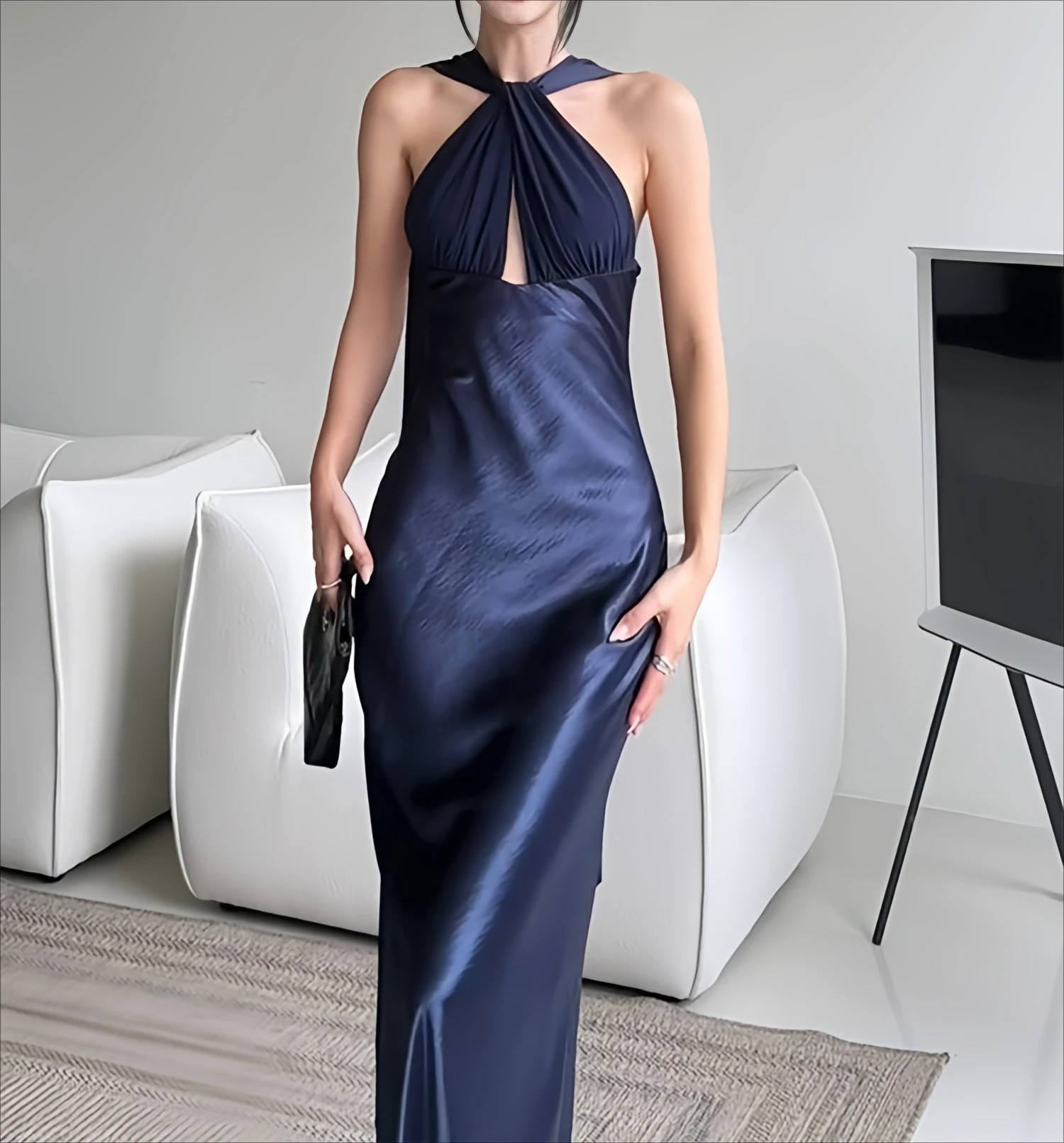 Vestido azul oscuro con tirantes para mujer, Espalda descubierta, sin mangas, elegante, Maxi, ceñido al cuerpo, diseño de pasarela, ropa larga elegante para mujer