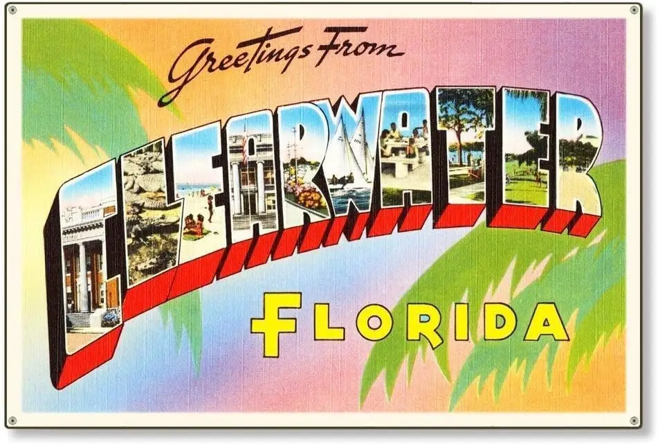 1p,Clearwater Florida fl Old Retro Vintage Travel Postcard Reproduction Metal Sign Art Wall Decor Steel Sign Metal Tin Sign  inc
