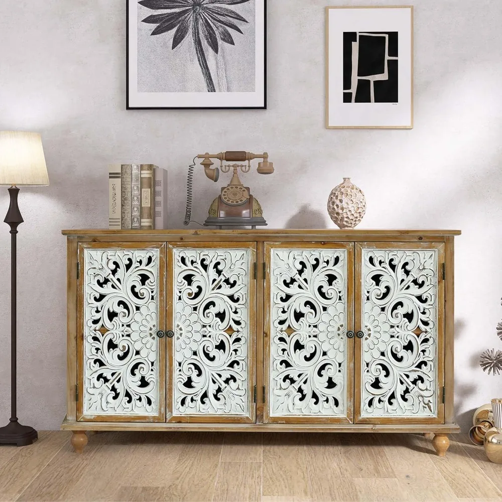 4-Door Hollow-Carved Accent Storage Cabinet, Decorative Farmhouse Sideboard Cabinet,  for Kitchen, Bathroom, Living Room