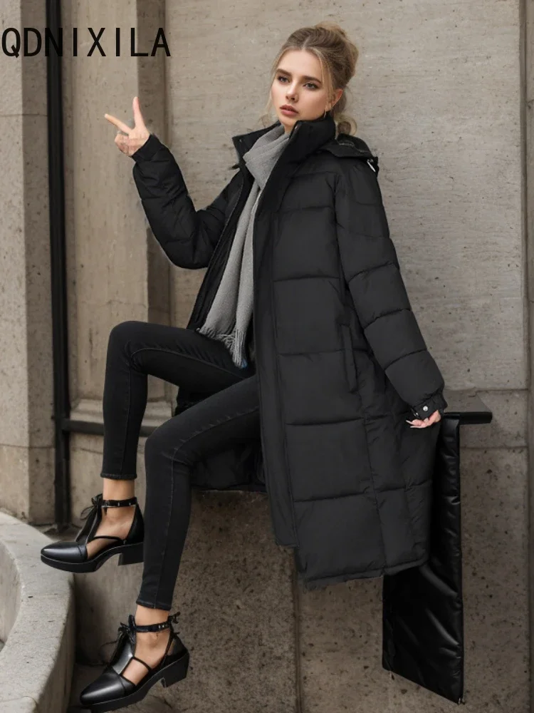 Jaqueta de inverno feminina engrossado longo sobre o joelho casacos elegantes com capuz novo outerwear roupas femininas preto quente parkas