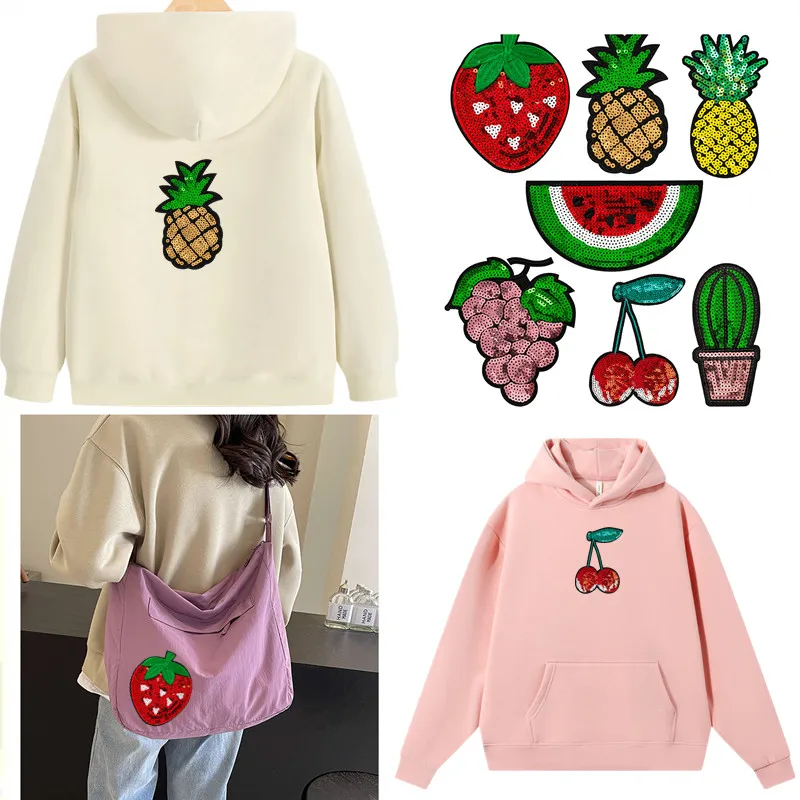 

Large size Fruits Strawberries Watermelons Cherries Sequin Embroidery Sew/Iron On Patches For DIY Clothes Coats T-shirt Bags