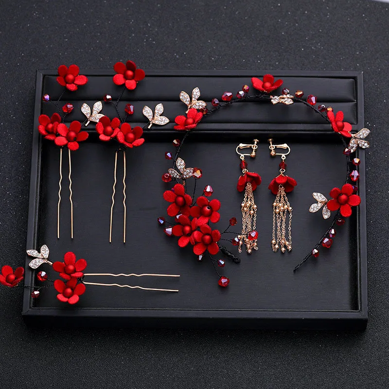 

Vintage Red Flowers Headbands With Tassel Earrings Hairpins Sets Girls Bridal Headband Women Bride Wedding Hair Accessories