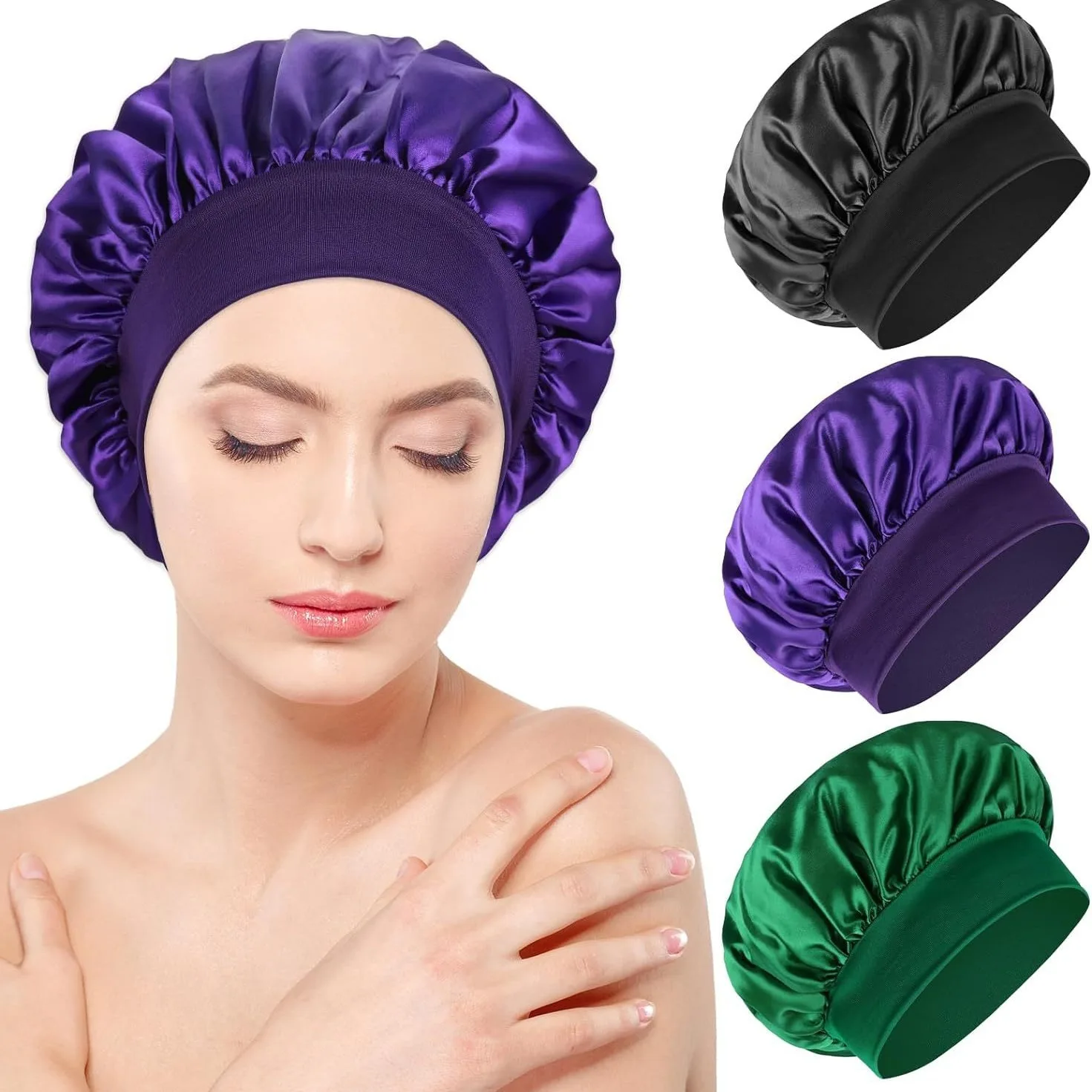 Solid Color Women's Satin Wide-brimmed Sleeping Hat Unisex Silk Imitation Head Wrap Elastic Band Cap Hair Care Bonnet Night Hat