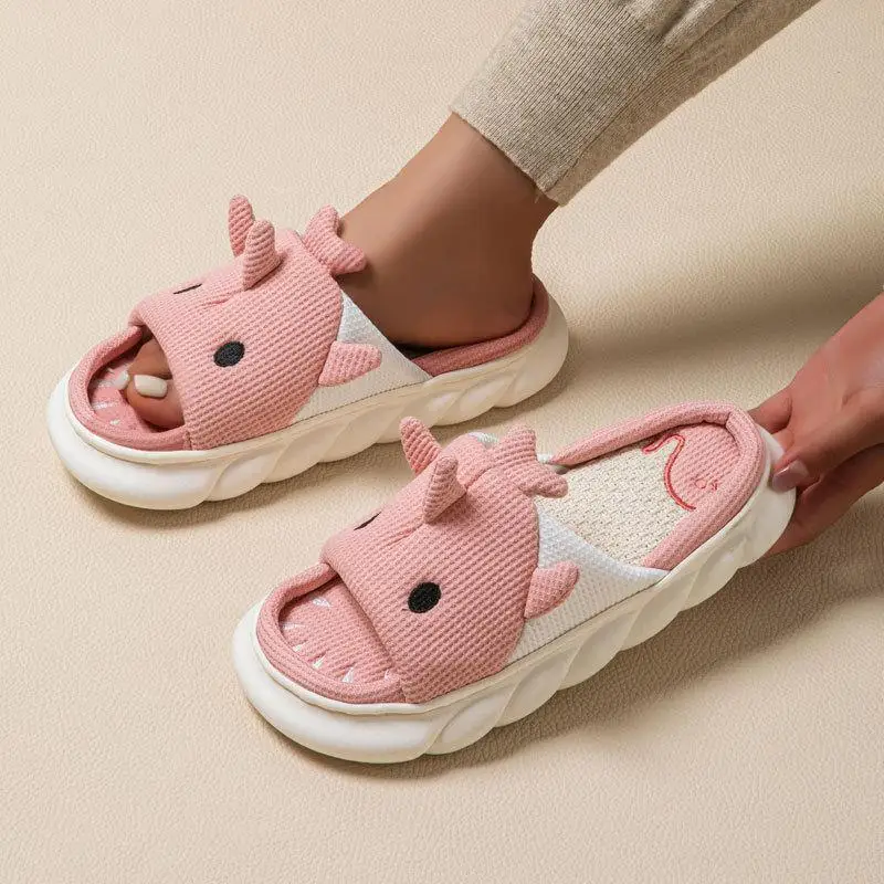 Linen Platform Slippers Women Home Cute Animal Cartoon Designer Shoes Girls Flats Fashion House Casual Footwear Elegant Big Size